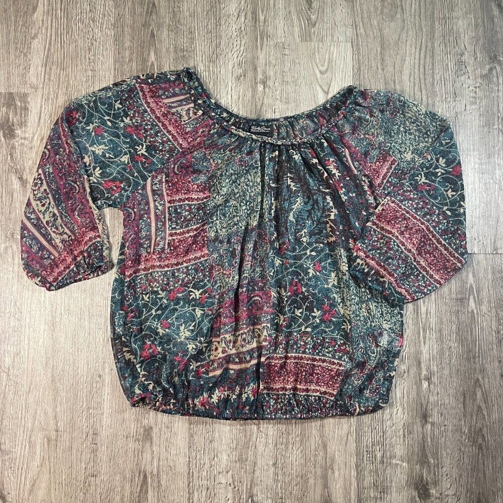 Lucky Brand Sheer Green Red Abstract Floral Hippy Festival Boho Peasant Top Sz L